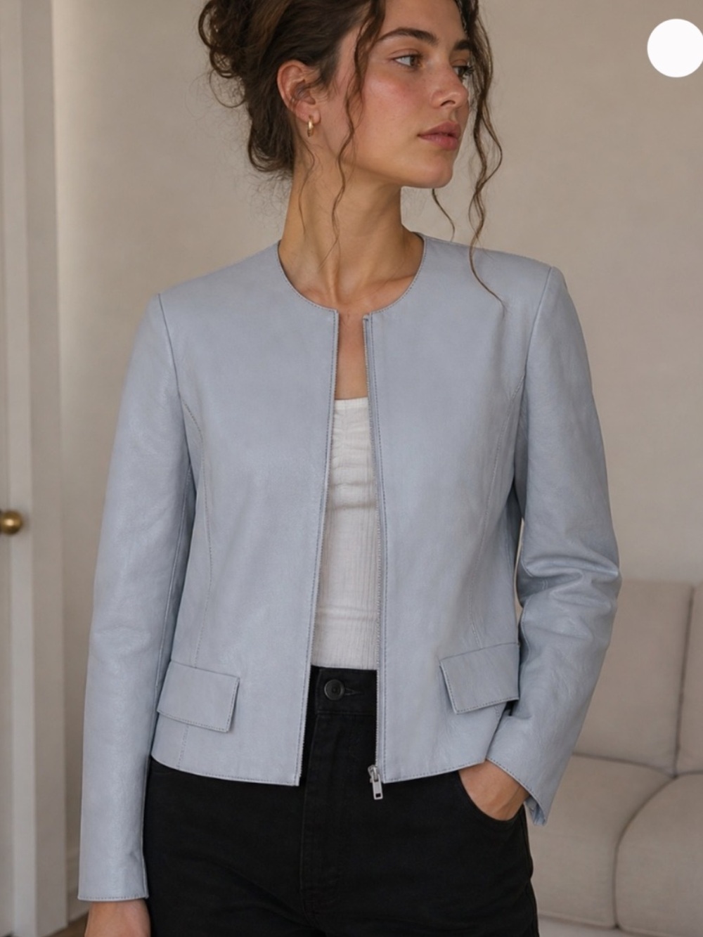 Akris Punto Lamb Leather Jacket Blue Collarless Zip Minimalist